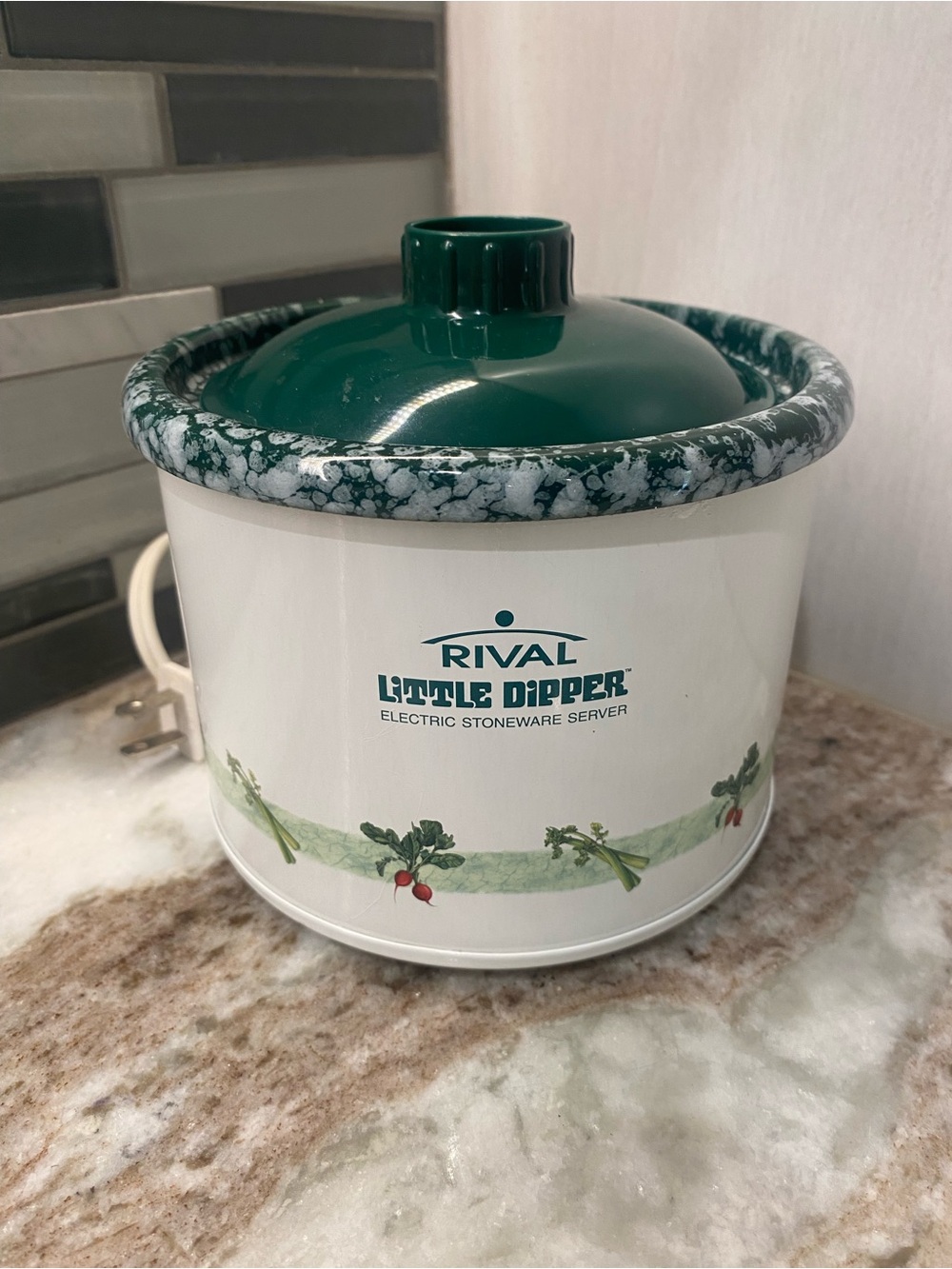 Vtg Rival Little Dipper Mini Crock Pot 3204 Green Marble Veggie Print EXCELLENT